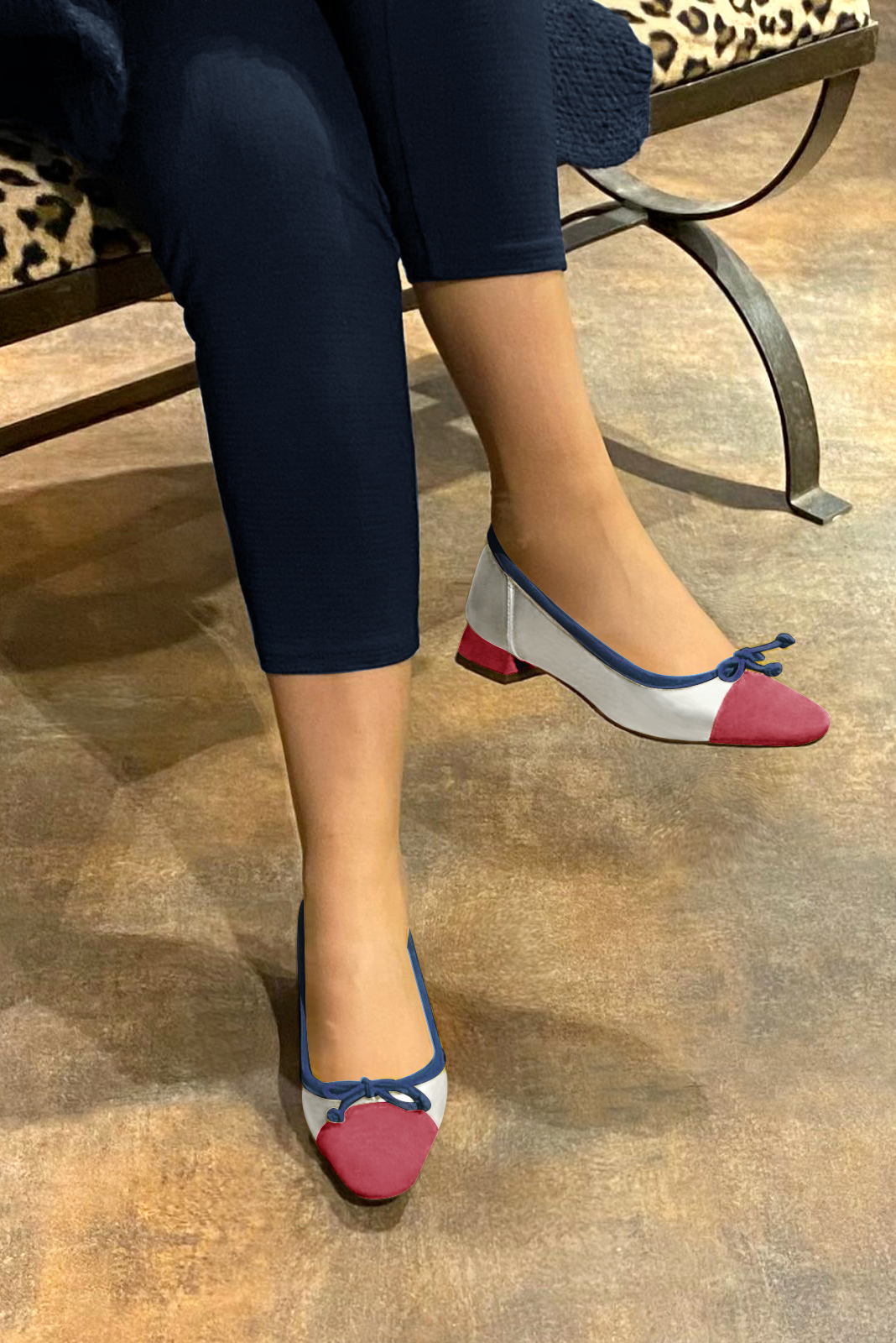 Raspberry red, light silver and navy blue women's ballet pumps, with low heels. Square toe. Flat flare heels. Worn view - Florence KOOIJMAN